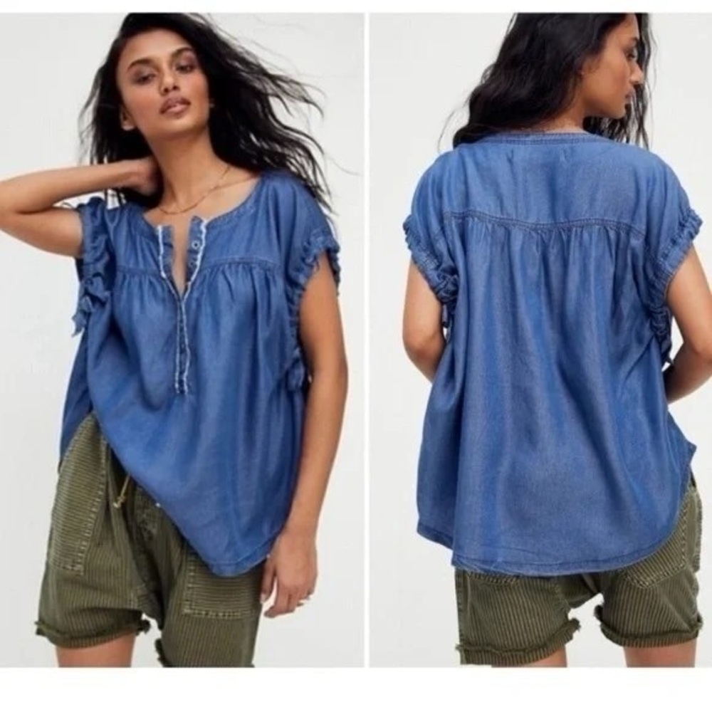 Free People‎ Summer Love Oversized Loose Top Indigo Tencel Blue Blouse Large